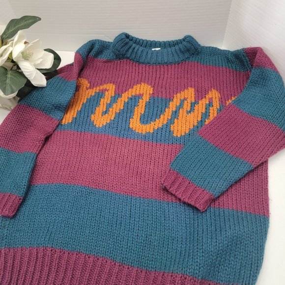 Vintage Susann d oversized Knit Womens Pullover Sweater Teal Purple Orange M - Picture 2 of 10